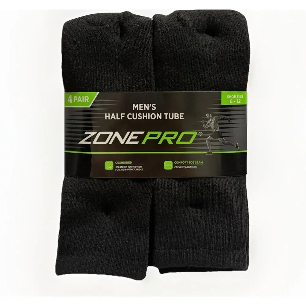 Zone Pro Mens Half Cushion Tube Socks 4 Pair Black Shoe Size 6-12 Crew NEW